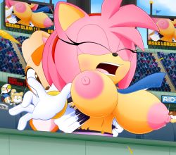 Rule 34 | 2girls, amy rose, baseball, breasts, cream the rabbit, furry, large areolae, large breasts, multiple girls, outdoors, slickehedge, sonic (series), torn clothes