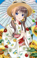 Rule 34 | 1girl, :d, blue eyes, blue sky, blurry, blurry foreground, blush, brown hair, brown headwear, cloud, commentary request, day, depth of field, flower, food print, hair between eyes, hair flower, hair ornament, highres, holding, holding umbrella, japanese clothes, kimono, lemon print, long hair, long sleeves, looking at viewer, low twintails, md5 mismatch, obi, oil-paper umbrella, open mouth, original, outdoors, print kimono, resolution mismatch, ryoutan, sash, sky, smile, snowflake hair ornament, solo, source smaller, sunflower, transparent, transparent umbrella, twintails, umbrella, upper body, white kimono, wide sleeves, wind chime, yellow flower