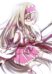 Rule 34 | 1girl, alternate costume, bare shoulders, blonde hair, blue eyes, blush, braid, detached sleeves, glasses, gretel (mary skelter), hairband, mary skelter, mizunashi (second run), polearm, smile, thighhighs, weapon