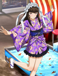 Rule 34 | 1girl, blunt bangs, bow, brown eyes, brown hair, closed mouth, collarbone, floral print, hair bow, hair ribbon, ikkitousen, japanese clothes, kimono, long hair, long sleeves, outstretched arms, print kimono, purple kimono, ribbon, shiny skin, short kimono, smile, socks, solo, standing, standing on one leg, tabi, ten&#039;i (ikkitousen), white bow, white ribbon, white socks, wide sleeves