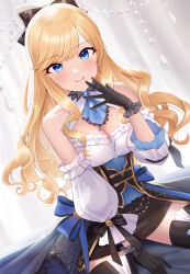 Rule 34 | 1girl, ascot, black gloves, black skirt, blonde hair, blue ascot, blue eyes, blush, bow, breasts, brooch, cleavage, detached sleeves, dutch angle, gloves, hair bow, hand to own mouth, highres, idolmaster, idolmaster cinderella girls, idolmaster cinderella girls starlight stage, jewelry, looking at viewer, medium breasts, ohtsuki yui, sakura ran, skirt, smile, solo, wavy hair