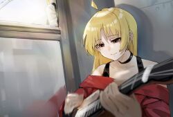 Rule 34 | 1girl, ahoge, black choker, blonde hair, blurry, blurry foreground, bocchi the rock!, brown eyes, choker, collarbone, commentary request, depth of field, funi mu9, guitar, highres, holding, holding instrument, ijichi seika, instrument, light smile, long hair, long sleeves, motion blur, music, off-shoulder shirt, off shoulder, orange eyes, playing instrument, red shirt, shirt, sitting, solo, upper body, wistful