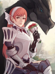 Rule 34 | 1girl, armor, cherche (fire emblem), cm lynarc, fire emblem, fire emblem awakening, flower, hairband, highres, long hair, looking at viewer, minerva (fire emblem awakening), nintendo, red eyes, red hair, signature, simple background