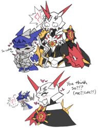 Rule 34 | armor, blush, chaosdukemon, closed eyes, digimon, highres, looking at another, omegamon alter-s, simple background, spikes, white background