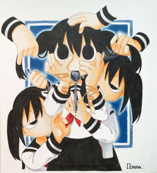 Rule 34 | 6+girls, absurdres, bandaid, bandaid on arm, behind another, black eyes, black hair, black sailor collar, black skirt, blue background, border, clone, commentary, disembodied limb, explosion psycho, grey border, haguruma hasami (explosion psycho), half-closed eyes, hands on own cheeks, hands on own face, headpat, highres, holding, holding another&#039;s hair, holding spoon, long sleeves, looking at another, looking at viewer, marker (medium), multiple girls, neckerchief, no mouth, no pupils, original, outline, outside border, red neckerchief, sailor collar, school uniform, serafuku, shikishi, shirt, skirt, sleeve cuffs, spoon, straight-on, too many bandaids, traditional media, twintails, unbuttoned sleeves, utensil in mouth, white shirt, wide-eyed