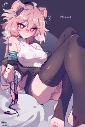 Rule 34 | 1girl, absurdres, ahoge, animal ear fluff, animal ears, arknights, barcode, barcode tattoo, bare shoulders, black background, black jacket, black panties, black thighhighs, blush, breasts, bright pupils, character name, closed mouth, ear blush, flying sweatdrops, gravel (arknights), hair between eyes, highres, imazawa, jacket, knees up, legs, long hair, long sleeves, looking at viewer, medium breasts, nipples, off shoulder, open clothes, open jacket, panties, unworn panties, pink hair, pussy, red eyes, see-through, shirt, shoulder tattoo, side-tie panties, simple background, sitting, smile, solo, spread pussy, stirrup legwear, tattoo, thighhighs, toeless legwear, underwear, white shirt