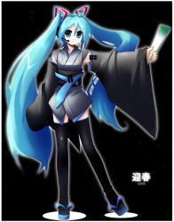 Rule 34 | 1girl, hatsune miku, japanese clothes, long hair, shin (new), solo, thighhighs, twintails, very long hair, vocaloid