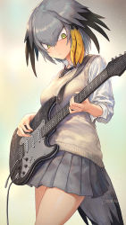 Rule 34 | 1girl, bird tail, black hair, black necktie, blonde hair, breasts, cardigan, collared shirt, commentary, cowboy shot, electric guitar, fender stratocaster, green eyes, grey hair, grey skirt, guchico, guitar, hair between eyes, hair intakes, head wings, holding, holding instrument, instrument, kemono friends, large breasts, long sleeves, looking away, looking down, multicolored hair, necktie, pleated skirt, shirt, shoebill (kemono friends), short hair, skirt, solo, tail, white shirt, wings