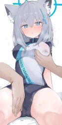 Rule 34 | 1boy, 1girl, animal ear fluff, animal ears, blue archive, blue eyes, blue halo, breasts, bright pupils, commentary request, grabbing, grabbing another&#039;s breast, grey hair, halo, hetero, highres, medium breasts, medium hair, mikozin, mismatched pupils, official alternate costume, shiroko (blue archive), shiroko (cycling) (blue archive), simple background, sitting, sweat, white background, white pupils