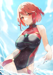 Rule 34 | 1girl, absurdres, bare shoulders, black one-piece swimsuit, blush, breasts, chest jewel, competition swimsuit, covered navel, earrings, expressionless, gem, headpiece, highres, jewelry, kuronyan9630, large breasts, looking at viewer, ocean, one-piece swimsuit, partially submerged, pyra (pro swimmer) (xenoblade), pyra (xenoblade), red eyes, red hair, red one-piece swimsuit, short hair, solo, swept bangs, swimsuit, tiara, two-tone swimsuit, water, wet, wet clothes, wet hair, wet swimsuit, xenoblade chronicles (series), xenoblade chronicles 2