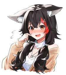 Rule 34 | 1girl, alternate costume, animal ears, black hair, blush, daichi (daichi catcat), hair ornament, highres, hololive, jewelry, long hair, long sleeves, looking at viewer, multicolored hair, necklace, nervous smile, ookami mio, ookami mio (street), red hair, smile, solo, upper body, virtual youtuber, wolf ears, wolf girl, x hair ornament