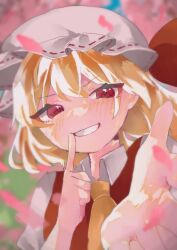 Rule 34 | 1girl, absurdres, ascot, blonde hair, cherry blossoms, finger to mouth, flandre scarlet, hat, hat ribbon, highres, light blush, looking at viewer, reaching, reaching towards viewer, red eyes, red ribbon, ribbon, rokka (rokka937), side ponytail, smile, solo, touhou, upper body, white mob cap, yellow ascot