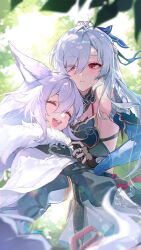 Rule 34 | 2girls, animal ears, baiheng (honkai: star rail), bare shoulders, black gloves, cape, closed eyes, closed mouth, detached sleeves, fox ears, fox girl, gloves, hair between eyes, hair over one eye, highres, honkai: star rail, honkai (series), hug, jewelry, jingliu (honkai: star rail), long hair, long sleeves, looking at another, multiple girls, open mouth, outdoors, red eyes, ring, sidelocks, smile, sunlight, teeth, tongue, ttosom, upper teeth only, white cape