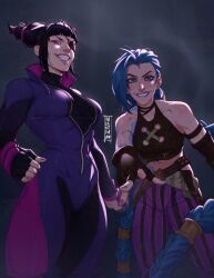 Rule 34 | &gt;:), 2girls, absurdres, arcane: league of legends, arcane jinx, biting own lip, black bodysuit, black gloves, black hair, blue eyes, blue hair, blue nails, bodysuit, braid, breasts, brown choker, choker, crossover, evil grin, evil smile, eyepatch, fingerless gloves, gloves, grin, han juri, highres, jinx (league of legends), large breasts, league of legends, looking at viewer, midriff, multiple girls, nail polish, navel, pants, purple nails, reaching, reaching towards viewer, red eyes, shoulder tattoo, smile, street fighter, striped clothes, striped pants, tattoo, trait connection, twin braids, v-shaped eyebrows, valentina tavolilla