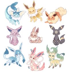 :d animal_focus animal_hands black_eyes black_fur blue_eyes blue_fur bow brown_eyes brown_fur creatures_(company) eevee espeon facial_mark feathers fins fish_tail flareon forehead_jewel forehead_mark full_body fumi03 game_freak gen_1_pokemon gen_2_pokemon gen_4_pokemon gen_6_pokemon glaceon green_fur head_fins highres jolteon leaf leafeon looking_at_viewer neck_fur nintendo one_eye_closed open_mouth orange_fur pink_fur pokemon pokemon_(creature) purple_fur ribbon sidelocks simple_background sitting smile spiked_tail standing star_(symbol) sylveon tail umbreon vaporeon white_background white_fur yellow_fur