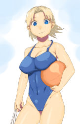Rule 34 | 1girl, bad id, bad pixiv id, ball, bare shoulders, basketball, basketball (object), blonde hair, blue eyes, breasts, cleavage, female focus, final fantasy, final fantasy tactics, large breasts, monk, monk (fft), one-piece swimsuit, short hair, solo, swimsuit, tsukudani (coke-buta)