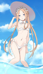 Rule 34 | 1girl, abigail williams (fate), abigail williams (swimsuit foreigner) (third ascension) (fate), absurdres, adapted costume, bare legs, bare shoulders, bikini, blonde hair, blue eyes, blue sky, braid, cloud, fate/grand order, fate (series), flat chest, french braid, hat, highres, long hair, looking at viewer, navel, open mouth, partially submerged, saku (kudrove), sky, solo, swimsuit, wading, water, white bikini