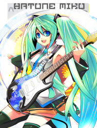Rule 34 | 1girl, aqua hair, electric guitar, guitar, hatsune miku, instrument, nirai kanai, smile, solo, tamyura, thighhighs, vocaloid, zettai ryouiki