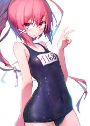 Rule 34 | 1girl, beize (garbage), blush, commentary, covered navel, cowboy shot, hair ribbon, i-168 (kancolle), kantai collection, long hair, looking at viewer, name tag, old school swimsuit, one-piece swimsuit, pink eyes, pink hair, ponytail, ribbon, school swimsuit, simple background, solo, swimsuit, v, very long hair, white background