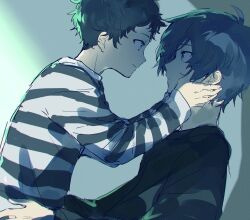 Rule 34 | 2boys, absurdres, black hair, black sweater, blue eyes, blue hair, closed mouth, eye contact, from side, hands on another&#039;s cheeks, hands on another&#039;s face, highres, long sleeves, looking at another, male focus, multiple boys, persona, persona 3, pharos, prison clothes, profile, room rem, simple background, sweater, upper body, yaoi, yuuki makoto (persona 3)