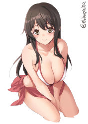 Rule 34 | 1girl, akagi (kancolle), between legs, bikini, blush, breasts, brown eyes, brown hair, cleavage, closed mouth, collarbone, cropped legs, ebifurya, hair between eyes, hand between legs, highres, kantai collection, large breasts, long hair, looking at viewer, one-hour drawing challenge, red sarong, sarong, simple background, smile, solo, swimsuit, twitter username, white background, white bikini
