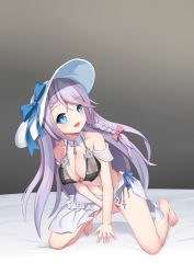Rule 34 | 1girl, :d, absurdres, arm support, armpit crease, azur lane, bare shoulders, barefoot, bed sheet, bikini, black bikini, blue eyes, blue ribbon, blush, bow, braid, breasts, cleavage, clothes lift, collarbone, covered erect nipples, cross, crotch grab, detached collar, french braid, full body, gluteal fold, grey background, hair between eyes, hair ribbon, hanging breasts, hat, hat bow, head tilt, highres, jewelry, kneeling, large breasts, lifted by self, long hair, looking at viewer, midriff, navel, open mouth, ribbon, sarong, sarong lift, see-through, shadow, sidelocks, silver hair, simple background, smile, solo, striped ribbon, sun hat, swimsuit, teeth, the hermit, upper teeth only, very long hair, vestal (azur lane), vestal (revigorating hestia) (azur lane), white hat, white sarong