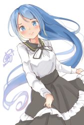 Rule 34 | 1girl, alternate costume, black skirt, blue eyes, blue hair, blush, calin, closed mouth, clothes lift, dated, highres, kantai collection, lifted by self, long hair, long sleeves, one-hour drawing challenge, samidare (kancolle), shirt, signature, simple background, skirt, skirt lift, solo, very long hair, white background, white shirt