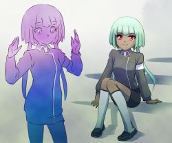 Rule 34 | 1girl, alternate costume, bob cut, check commentary, commentary request, dual persona, emerald sustrai, green hair, iesupa, red eyes, rwby, school uniform, shoes, short hair with long locks, smile, socks, stairs