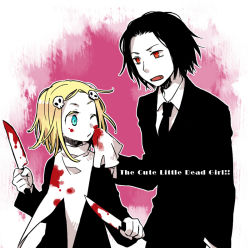 Rule 34 | 1boy, 1girl, black hair, blonde hair, blood, blue eyes, collared shirt, colored skin, copyright name, fang, formal, hair ornament, knife, lenore, lenore lynchfast, necktie, negura (yamadori), one eye closed, open mouth, ragamuffin, red eyes, shirt, simple background, skull, suit, upper body, weapon, white skin