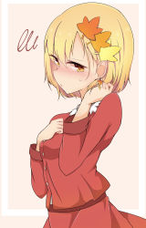 Rule 34 | 1girl, absurdres, aki shizuha, autumn leaves, blonde hair, blush, border, breasts, collared shirt, hair ornament, hand in own hair, hand on own chest, highres, inon, leaf, leaf hair ornament, long sleeves, maple leaf, pink background, red skirt, shirt, short hair, simple background, skirt, small breasts, sweatdrop, touhou, upper body, white border, yellow eyes