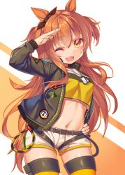 Rule 34 | animal ears, breasts, commentary request, dog tags, hair ornament, highres, horse ears, horse girl, horse tail, jacket, long hair, mayano top gun (umamusume), midriff, miyajima (anthem-anthem), navel, one eye closed, open mouth, orange eyes, orange hair, salute, shorts, simple background, small breasts, solo, tail, thighhighs, umamusume