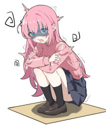 Rule 34 | 1girl, black socks, blue eyes, bocchi the rock!, brown footwear, cube hair ornament, full body, gotoh hitori, grey skirt, hair between eyes, hair ornament, hands on own knees, highres, hugging own legs, jacket, loafers, long hair, long sleeves, looking at viewer, nervous, open mouth, pink hair, pink jacket, pleated skirt, shoes, skirt, socks, solo, squatting, sweat, tamago (eva1314056), track jacket, white background