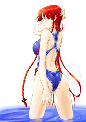 Rule 34 | 1girl, ass, blue eyes, braid, breasts, competition swimsuit, female focus, highres, hong meiling, large breasts, long hair, niwatazumi, one-piece swimsuit, red hair, solo, swimsuit, touhou, wading