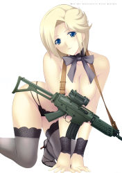 Rule 34 | 1girl, absurdres, all fours, assault rifle, black panties, black thighhighs, blonde hair, blue eyes, breasts, choker, cleavage, convenient censoring, fn fnc, gun, head tilt, high heels, highres, lace, lace-trimmed legwear, lace trim, light smile, looking at viewer, miyata sou, muv-luv, muv-luv alternative, muv-luv total eclipse, navel, panties, ribbon choker, rifle, scan, short hair, solo, stella bremer, string panties, thighhighs, topless, underwear, weapon, wrist cuffs