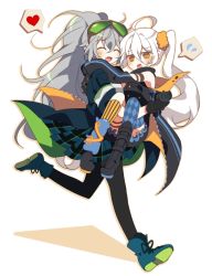 Rule 34 | 2girls, aek-999 (girls&#039; frontline), asymmetrical legwear, bad id, bad pixiv id, carrying, closed eyes, commentary request, dizzy, girls&#039; frontline, gloves, goggles, goggles on head, grey hair, happy, jacket, long hair, mo (bnh8401), multiple girls, pkp (girls&#039; frontline), ponytail, princess carry, socks, thighhighs, uneven legwear, white hair, yellow eyes