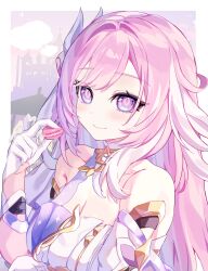 1girl bare_shoulders breasts candy cleavage commentary_request corset diamond-shaped_pupils diamond_(shape) elysia_(herrscher_of_human:_ego)_(honkai_impact) elysia_(honkai_impact) ensn_0_0b food gloves highres holding holding_candy holding_food honkai_(series) honkai_impact_3rd large_breasts pink_hair purple_eyes smile solo symbol-shaped_pupils triquetra upper_body white_corset white_gloves