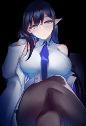 Rule 34 | 1girl, absurdres, bare shoulders, black background, black hair, black pantyhose, blue archive, blue eyes, blue hair, blue necktie, breasts, coat, colored inner hair, crossed legs, glasses, gloves, highres, large breasts, long hair, long sleeves, looking at viewer, miniskirt, multicolored hair, necktie, open clothes, open coat, pantyhose, pencil skirt, pointy ears, rin (blue archive), shirt, sitting, skirt, sleeveless, sleeveless shirt, solo, thighs, white coat, white gloves, white shirt, white skirt, whitewaffle