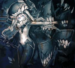 Rule 34 | 10s, 1girl, abyssal ship, blue eyes, bodysuit, cape, colored skin, covered mouth, covered navel, headgear, highres, kantai collection, long hair, looking at viewer, organ derwald, outstretched arm, pale skin, silver hair, solo, tentacles, white skin, wo-class aircraft carrier