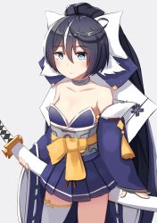 Rule 34 | + +, 1girl, ahoge, azur lane, bare shoulders, black hair, blue eyes, blush, bow, choker, closed mouth, cowboy shot, detached sleeves, expressionless, fuki to takenoko, grey background, hair between eyes, hair bow, holding, holding sword, holding weapon, long hair, long sleeves, looking at viewer, multicolored hair, ponytail, simple background, single thighhigh, sleeves past wrists, solo, streaked hair, sword, thighhighs, very long hair, weapon, white thighhighs, wide sleeves, yoizuki (azur lane)