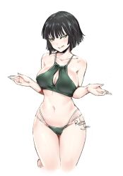 Rule 34 | 1girl, :q, artist name, bare arms, bare shoulders, bikini, black hair, blunt bangs, blush, breasts, cleavage, cleavage cutout, closed mouth, clothing cutout, collarbone, commentary request, cowboy shot, fubuki (one-punch man), green bikini, green eyes, hands up, large breasts, looking at viewer, navel, one-punch man, relaxjon, short hair, simple background, solo, stomach, swimsuit, thighs, tongue, tongue out, w arms, white background