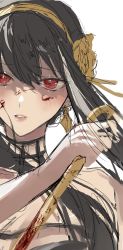 Rule 34 | 1girl, bad id, bad twitter id, black dress, black hair, blood, blood on face, bloody weapon, blush, dagger, dress, earrings, hairband, highres, holding, holding weapon, jewelry, knife, looking at viewer, parted lips, red eyes, shimatori (sanyyyy), sidelocks, simple background, solo, spy x family, weapon, white background, yor briar