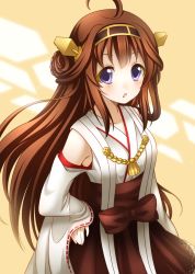 Rule 34 | 10s, 1girl, ahoge, bare shoulders, brown hair, camomile hus, camomilehus, commentary, detached sleeves, female focus, headgear, highres, kantai collection, kongou (kancolle), long hair, long sleeves, looking at viewer, nontraditional miko, open mouth, purple eyes, sash, solo, triangle mouth, very long hair