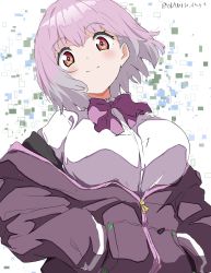 Rule 34 | 1girl, absurdres, bow, bowtie, breasts, closed mouth, commentary request, gridman universe, hands in pockets, highres, jacket, large breasts, looking at viewer, orange eyes, pink hair, purple bow, purple bowtie, purple jacket, school uniform, shinjou akane, shirt, short hair, smile, solo, ssss.gridman, twitter username, upper body, white background, white gorilla (okamoto), white shirt