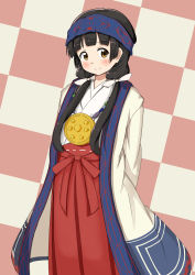 Rule 34 | 1girl, absurdres, ainu clothes, amayadori machi, arms behind back, bad id, bad pixiv id, black hair, blue headband, blunt bangs, brown eyes, checkered background, closed mouth, coat, commentary request, flat chest, hair ribbon, hakama, hakama skirt, headband, highres, japanese clothes, kohakope, kumamiko, long hair, looking at viewer, low twintails, medallion, miko, overcoat, red hakama, ribbon, skirt, smile, solo, standing, twintails, two-tone background, white ribbon