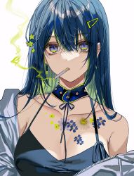 Rule 34 | blue eyes, blue hair, blue tank top, breasts, choker, cigarette, earrings, flower, green hair, hair between eyes, hair flower, hair ornament, hairclip, highres, jacket, jewelry, kuga huna, long hair, medium breasts, mouth hold, multicolored hair, off shoulder, open clothes, open jacket, original, simple background, smoke, smoking, solo, tank top, two-tone hair, upper body, white background, white jacket