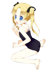 Rule 34 | 1girl, ass, barefoot, blonde hair, blue eyes, feet, full body, kneeling, long hair, meito (maze), one-piece swimsuit, original, ribbon, school swimsuit, sitting, soles, solo, swimsuit, toes, twintails, v