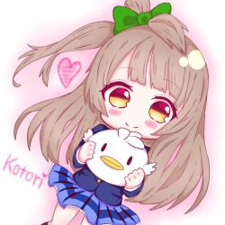 Rule 34 | 1girl, artist name, artist request, bird, blue jacket, blue skirt, blush, bow, breasts, brown eyes, brown hair, chibi, collared shirt, female focus, green bow, grey hair, hair bow, heart, holding animal, holding bird, jacket, light brown hair, long hair, looking at viewer, love live!, love live! school idol project, minami kotori, minami kotori (bird), nyamu (nyam nyamn), parted lips, pleated skirt, red bow, school uniform, shirt, side ponytail, skirt, smile, solo, striped, striped bow