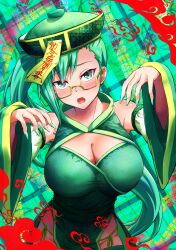 Rule 34 | .live, 1girl, absurdres, bare shoulders, breasts, china dress, chinese clothes, dress, glasses, green dress, green eyes, green hair, green nails, green sleeves, halloween costume, hashihiro ko, highres, jiangshi, kagura suzu (.live), large breasts, long hair, looking at viewer, nail polish, ponytail, solo, virtual youtuber