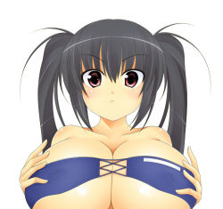 Rule 34 | 1girl, bare shoulders, black hair, blush, breasts, cleavage, collarbone, covered erect nipples, frown, huge breasts, kooh, kyoku tou, looking at viewer, pangya, red eyes, simple background, solo, twintails, upper body, white background