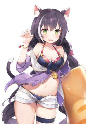 Rule 34 | 1girl, animal ear fluff, animal ears, bare shoulders, bikini, bikini under clothes, black bikini, black hair, blush, bow, breasts, cat ears, cat girl, cat tail, claw pose, cleavage, commentary, drawstring, fang, fingernails, gluteal fold, green eyes, hair between eyes, hair bow, hand up, highres, jacket, jehyun, karyl (princess connect!), karyl (summer) (princess connect!), low twintails, medium breasts, multicolored hair, navel, off shoulder, open clothes, open fly, open jacket, open mouth, open shorts, princess connect!, purple jacket, red bow, short shorts, shorts, solo, streaked hair, swimsuit, tail, thigh gap, thigh strap, twintails, v-shaped eyebrows, wavy mouth, white background, white hair, white shorts